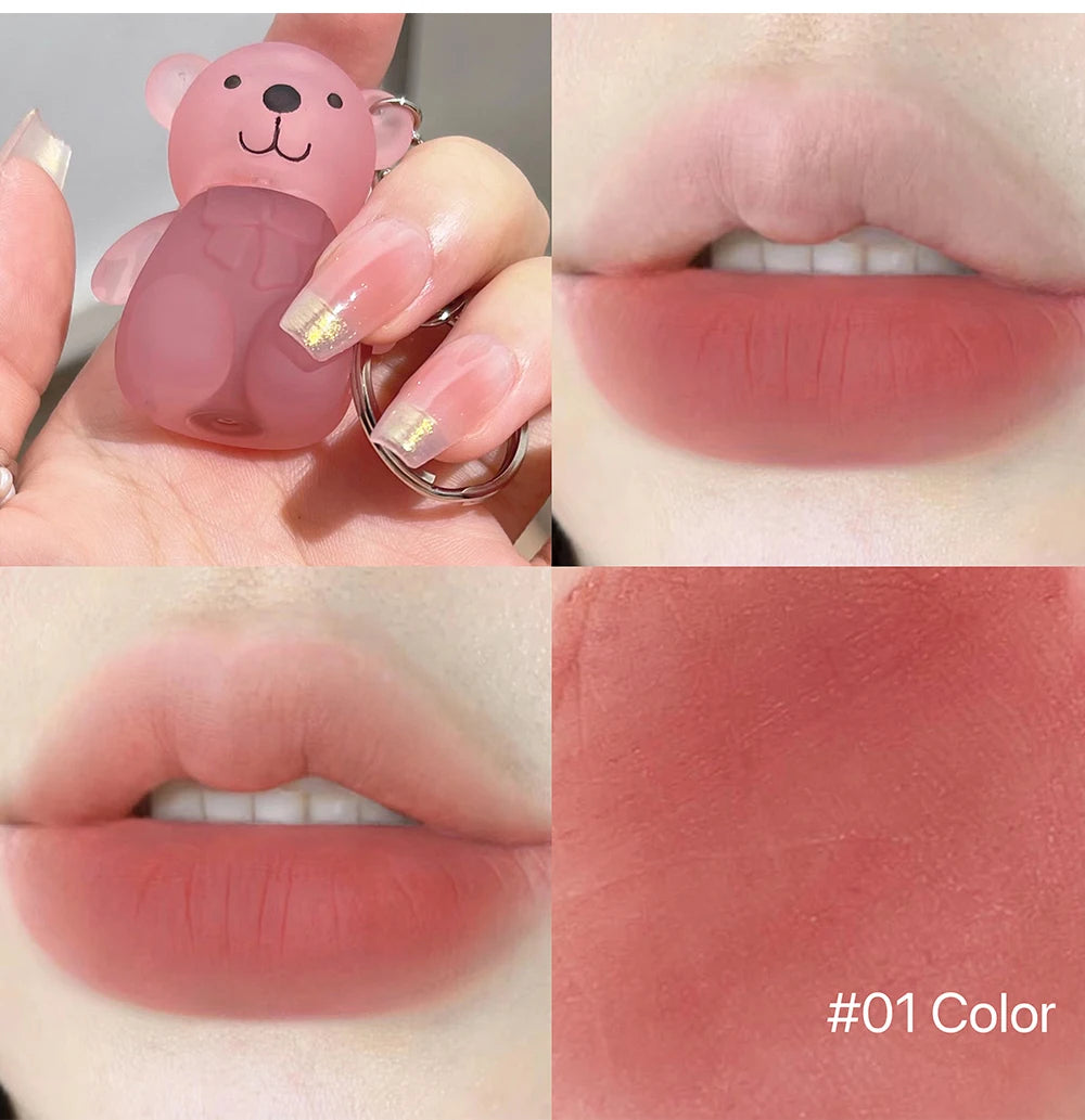 Cute Bear Keychain Lip Mud Matte Velvet Mousse Grey Pink Lipstick Waterproof Long Lasting Non-Stick Cup LipGloss Korean Cosmetic