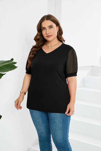 GIBSIE Plus Size Solid V-neck Swiss Dot Puff Short Sleeve T Shirt Women 2023 Fashion Summer Loose Casual Female T-Shirts Tops