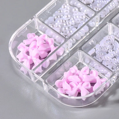 6 Grids Pink Ribbon Bow Mixed Flat Bottom Pearl Nail Charms Decorations 3D Resin Flower Design DIY Korean Manicure Nails Parts