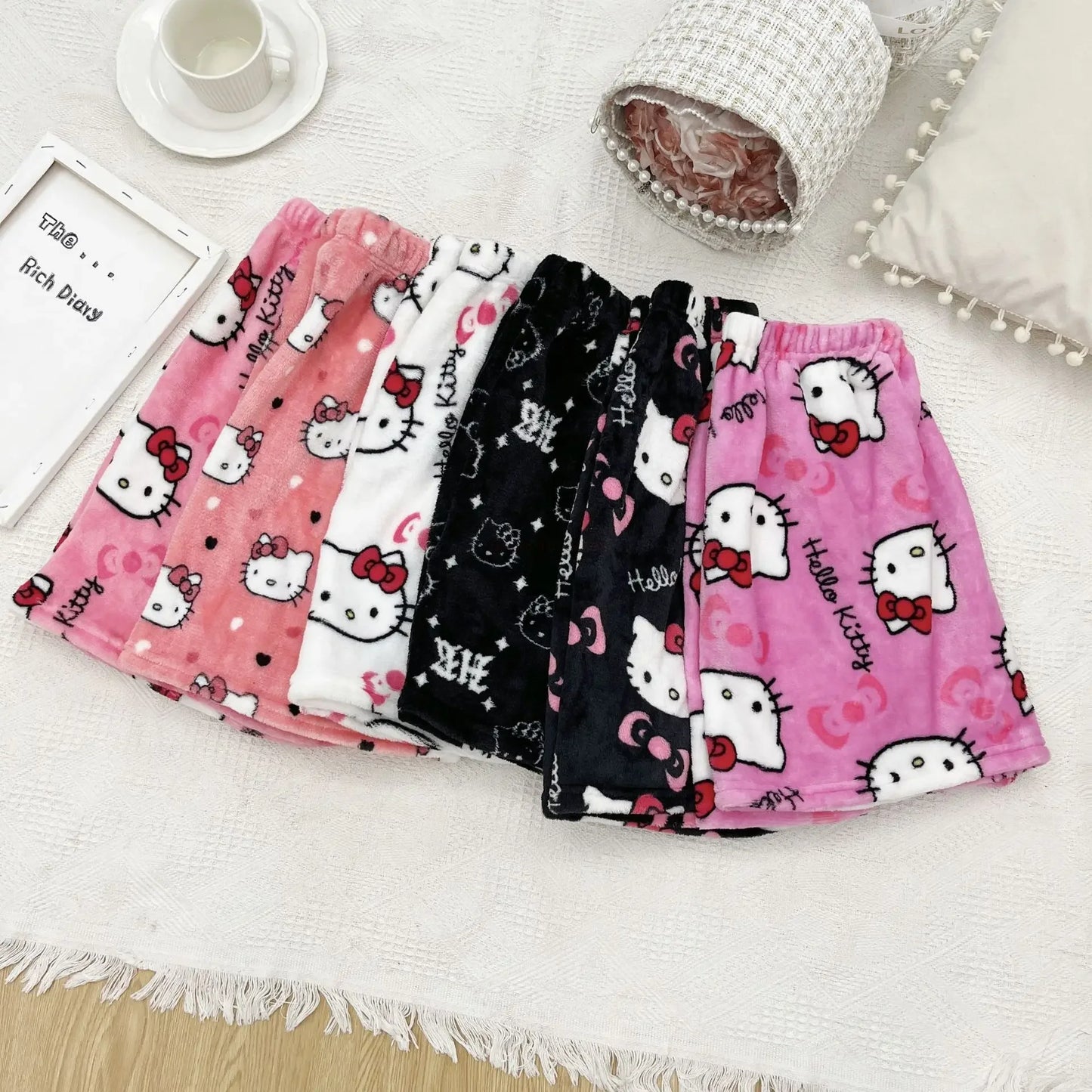 Sanrio Hello Kitty Y2k Kawaii Anime Flannel Pajamas Women'S Warm Woolen Cartoon Casual Home Pants Autumn Winter Fashion Trousers