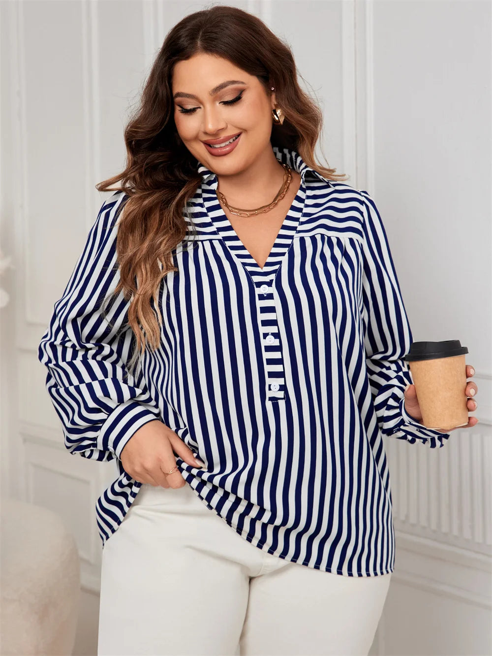 GIBSIE Plus Size Blue And White Striped Shirt Woemn Autumn New Polo Collar Long Sleeve Button Front Casual Loose Blouses Tops