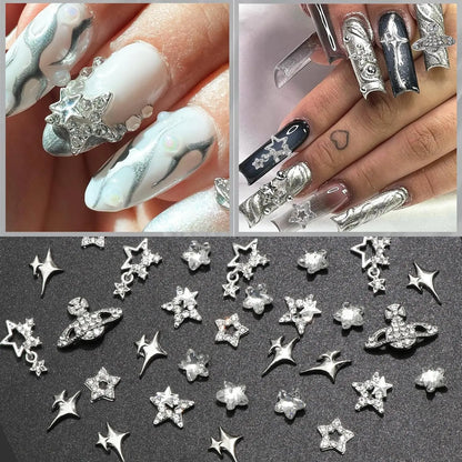 30PCS Silver Star Nail Charms 3D Planet Nail Art Charms Rhinestone Shiny Starlight Nail Jewelry Gems Y2K Charms for Acryl