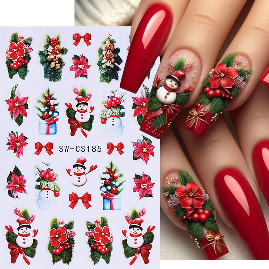 3D Christmas Nail Art Stickers Cute Cartoon Snowman Decals Reindeer Snowflake Lamp Ball Sliders Holiday DIY Manicure Decorations