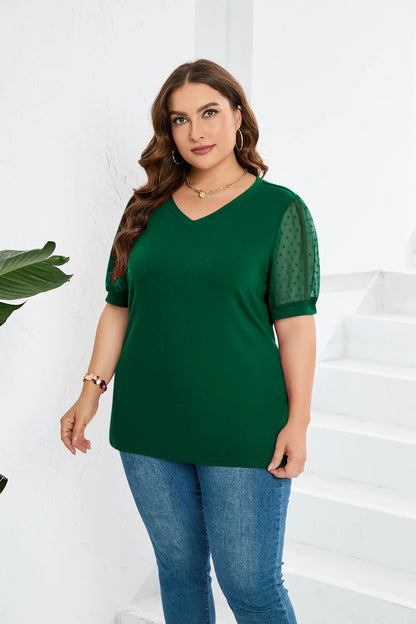 GIBSIE Plus Size Solid V-neck Swiss Dot Puff Short Sleeve T Shirt Women 2023 Fashion Summer Loose Casual Female T-Shirts Tops