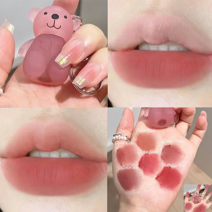 Cute Bear Keychain Lip Mud Matte Velvet Mousse Grey Pink Lipstick Waterproof Long Lasting Non-Stick Cup LipGloss Korean Cosmetic