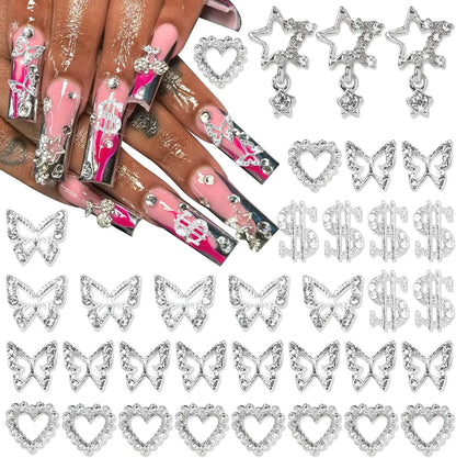 55PCS Butterfly Nail Charms Silver Heart Nail Charms 3D Star Charms for Nails Crystal Dollar Sign Nail Charm for Women