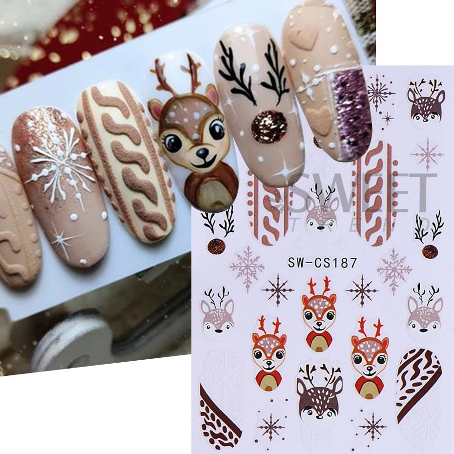 3D Christmas Nail Art Stickers Cute Cartoon Snowman Decals Reindeer Snowflake Lamp Ball Sliders Holiday DIY Manicure Decorations