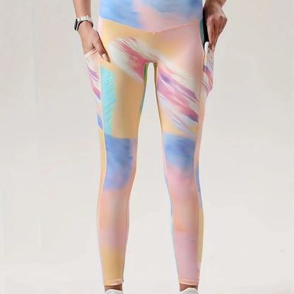 Women's Stretch Tie-Dye Seamless Rainbow Yoga Leggings - Color Block High Waist Butt Lifting Gym Workout Pants