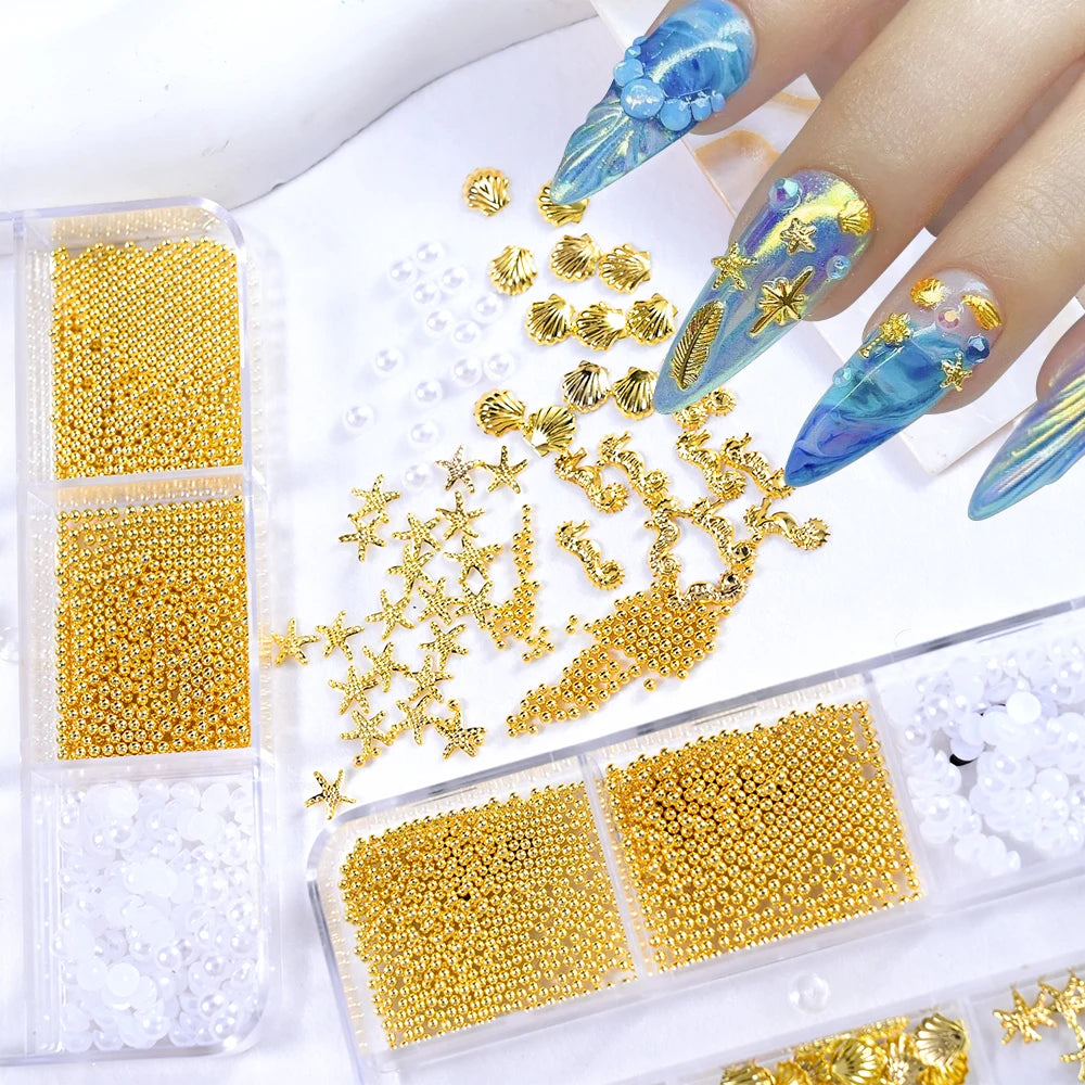 6Grids Gold Nail Art Alloy Studs Seaside 3D Decoration Sea Shell Star Pearl Charm Metal Frame Rivets Nail Rhinestone Accessories