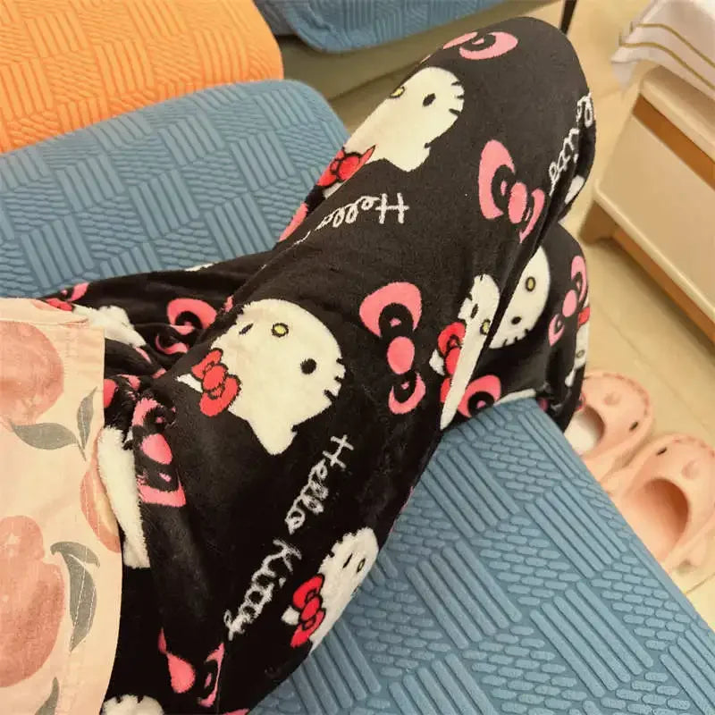 Thicken Hello Kitty Pajama Pants Sanrio Anime Fleece Double Elastic Fabric Soft Trousers Women Trousers Cartoon Birthday Gift