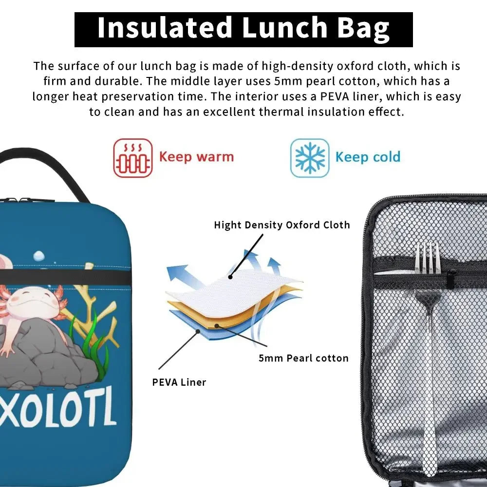 Axolotl In Pocket Insulated Lunch Bags for Women Amphibian Exotic Animal Resuable Thermal Cooler Bento Box Kids School Children