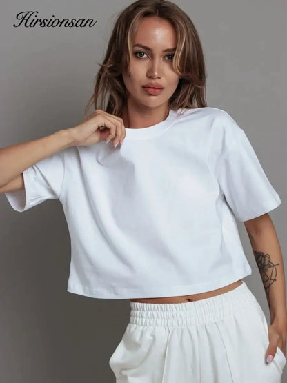 Hirsionsan 100% Cotton Short T Shirt Women 2024 New Y2k Summer Basic Vintage Tees Casual Loose Chic O Neck Female Crop Tops