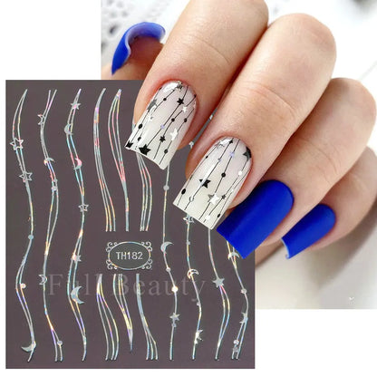 3D Holographic Silver Wave Lines Nail Sticker Decor Laser Heart Star Moon Adhesive Sliders Metal Geometry Stripe Manicure TH182