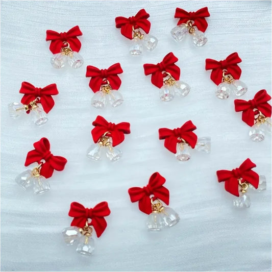 5pcs Festive Christmas Bell Red Bowknot Nail Art Charms New Year 2025 Luxury Crystal Aurora Bell Pendant Nail Decoration Parts