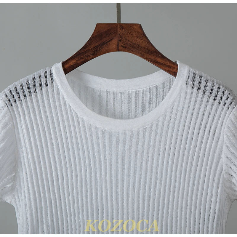 Kozoca 100% Wool Chic White Elegant Striped See Through Women Tops Outfits Short Sleeve T-Shirts Tees Skinny Club Party Clothes