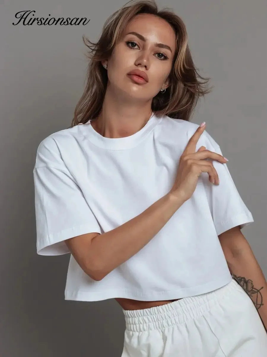 Hirsionsan 100% Cotton Short T Shirt Women 2024 New Y2k Summer Basic Vintage Tees Casual Loose Chic O Neck Female Crop Tops