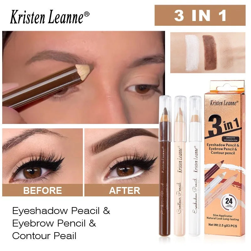 3pcs White Eyeshadow Eyebrow Contour Concealer Wooden Pencil Set Durable Waterproof Matte Nude Brown Eye Shadow Liner Makeup Kit