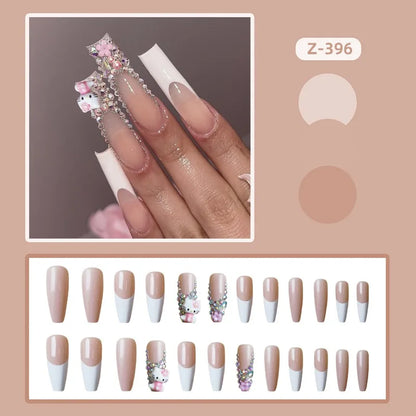 24Pcs Hello Kitty Y2K Fasle Nail Tips French Long Press On Nails 3D Cartoon Detachable Manicure Pearl Decoration For Sweet Girls