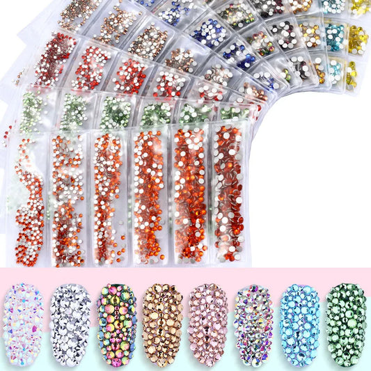 1728 Pcs/bag SS4-SS12 6-Sizes Mixed Round Nail Drill Adhesive Flat-bottomed Crystal Glass Mobile Phone Case Iron Diamond Mater