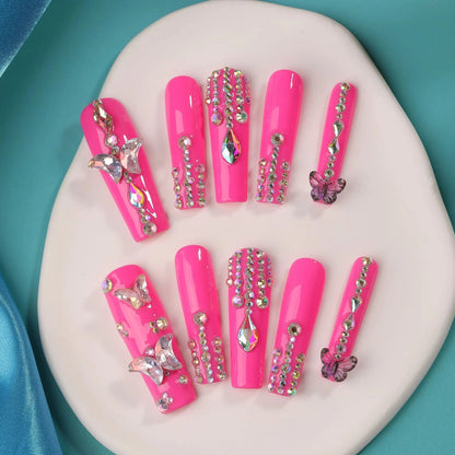 Bright Rose Red False Nails Super Long Coffin Press on Nails With Butterfly Rhinestone Fake Nails Party Drama Finger Nail