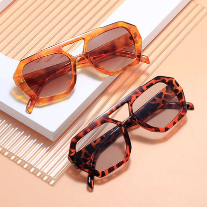 Vintage Square Sunglasses for Women Men Thick Frame Double Bridges Eyewear Female Fashion Chic Polygon Sun Glasses Leopard Blue