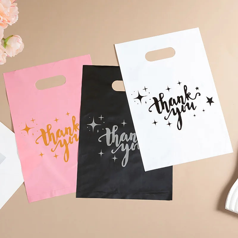 10 PCS Black Thank You Gift Bags With Handle Plastic Pink Packing Bag For Small Business Wedding Birthday Shopping Storage Bag