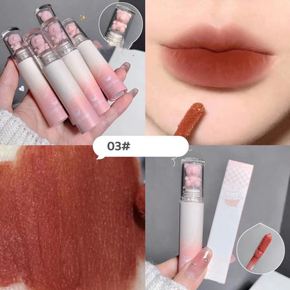 Pink Bear Lip Glaze Mousse Matte Liquid Lipstick Cute Bear Waterproof Velvet Nude Brown Red Lip Mud Cheek Rouge Tint Cosmetics