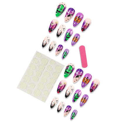 24pcs New Halloween Fake Nails Jumbie Pumpkins Almond False Nail Gradient Ballerina Nail Press on Nails DIY Manicure Nail Tips