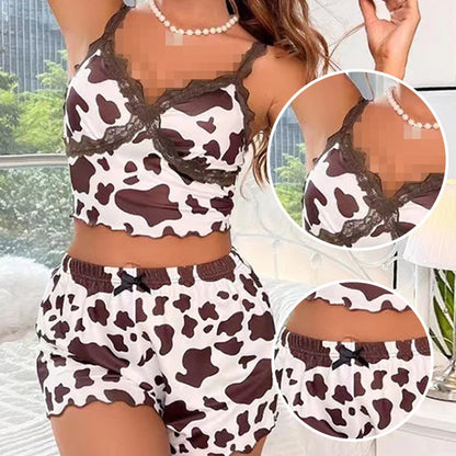 New Women's Printed Sleeveless V-Neck Camouflage Contrasting Lace Spaghetti Strap Top with Shorts Pajama Set