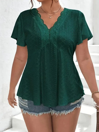 GIBSIE Plus Size Dark Green Contrast Lace V Neck Blouse Women Holiday Butterfly Sleeve Summer Casual OL Female Blouses Tops 2024