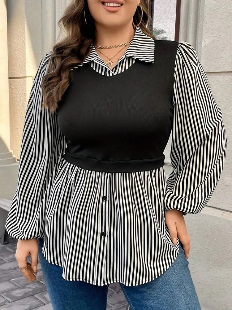 GIBSIE Plus Size 2 In 1 Striped Shirts Women New 2024 Spring Lantern Long Sleeve Lapel Neck Casual Fashion Blouses Tops Female