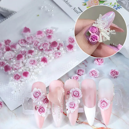 30Pcs Pink Rose Flower 3D Nail Rhinestone Decoration Nail Jewelry Colorful Mixed Pearl Beads Charms Valentine's Nail Arts Supply