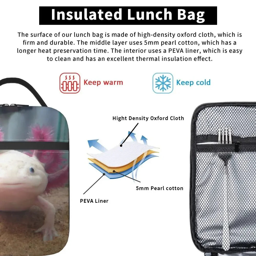 Axolotl In Pocket Insulated Lunch Bags for Women Amphibian Exotic Animal Resuable Thermal Cooler Bento Box Kids School Children