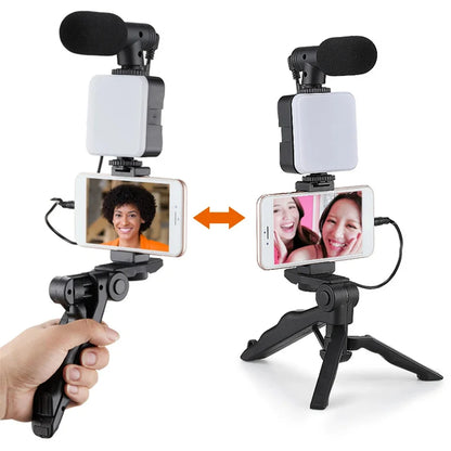 AY49 Smartphone Vlogging Kit With Tripod Phone Holder Mini Microphone LED Fill Light Starter For TikTok Live Stream Video YouTub