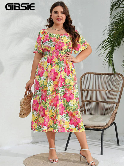 GIBSIE Plus Size Off Shoulder Floral Print Boho Dress Women Summer Short Sleeve Beach Casual A-line Holiday Long Dresses 2024