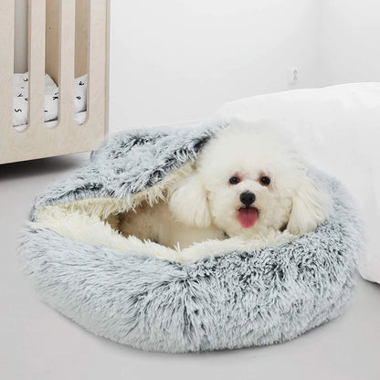 2 in 1 Soft Plush Pet Bed with Cover Round Cat Bed Pet Mattress Warm Cat Dog Sleeping Nest Cave for Small Dogs