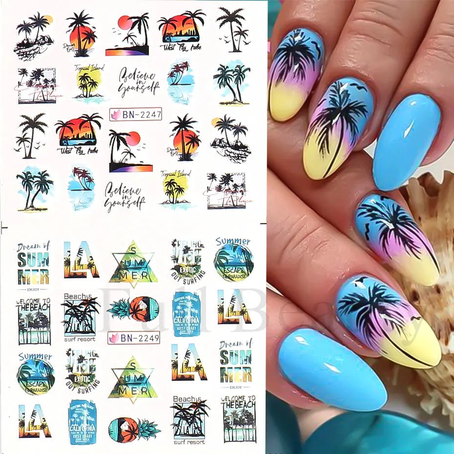 Palm Coconut Tree Summer Theme Nail Water Stickers Leaf Sea Sunset Tropical Style Water Transfer Decals Holiday Manicure Tattoos