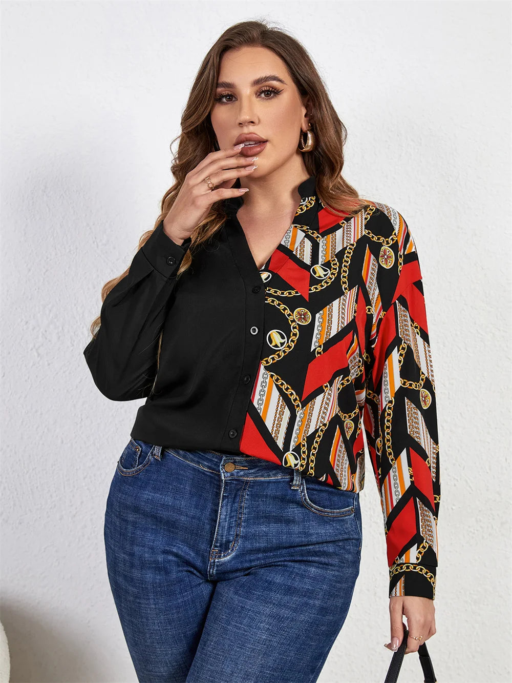 GIBSIE Plus Size Notched Neck Chain Print Colorblock Women Shirts 2023 Spring Fall Fashion High Street Long Sleeve Tops Blouses