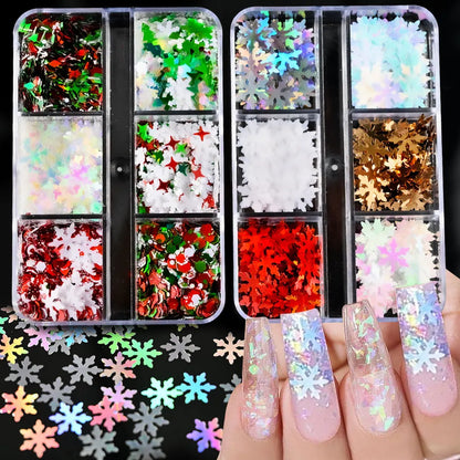 6Grids/Box Winter Christmas Snowflake Nail Art Glitter Iridescent White Glitter Flake Sequins Manicure Xmas Spangle Paillettes *