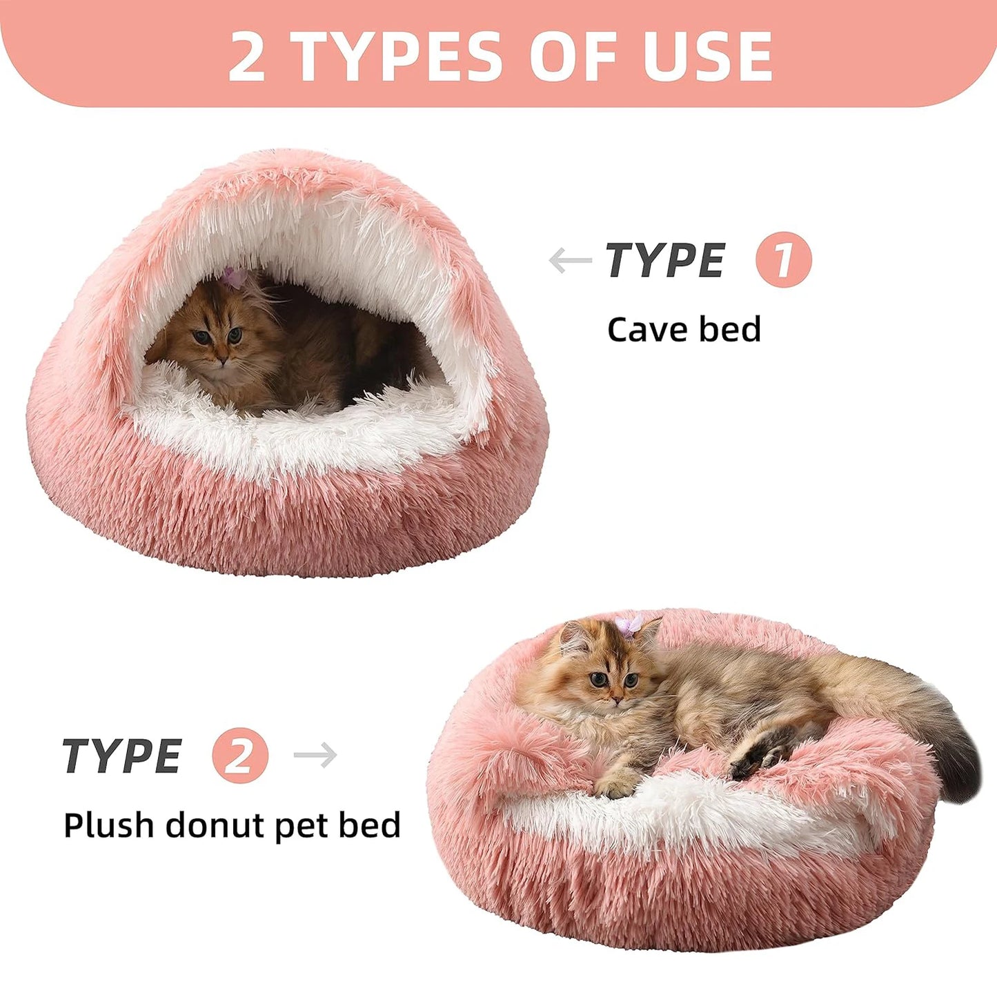 Cat Bed Round Fluffy Hooded Cat Bed Cave Cat Bed Donut for Indoor Cats,Calming Dog Cat Beds for Small Medium Dog Cat