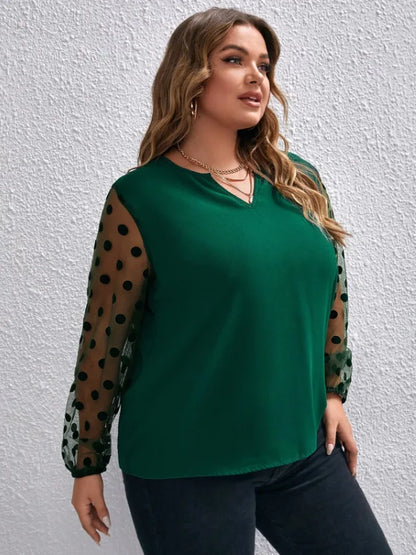 GIBSIE Plus Size Notch Neck Polka Dot Mesh Sleeve Blouse Women 2023 Winter New Black Elegant Office Ladies Tops and Blouses