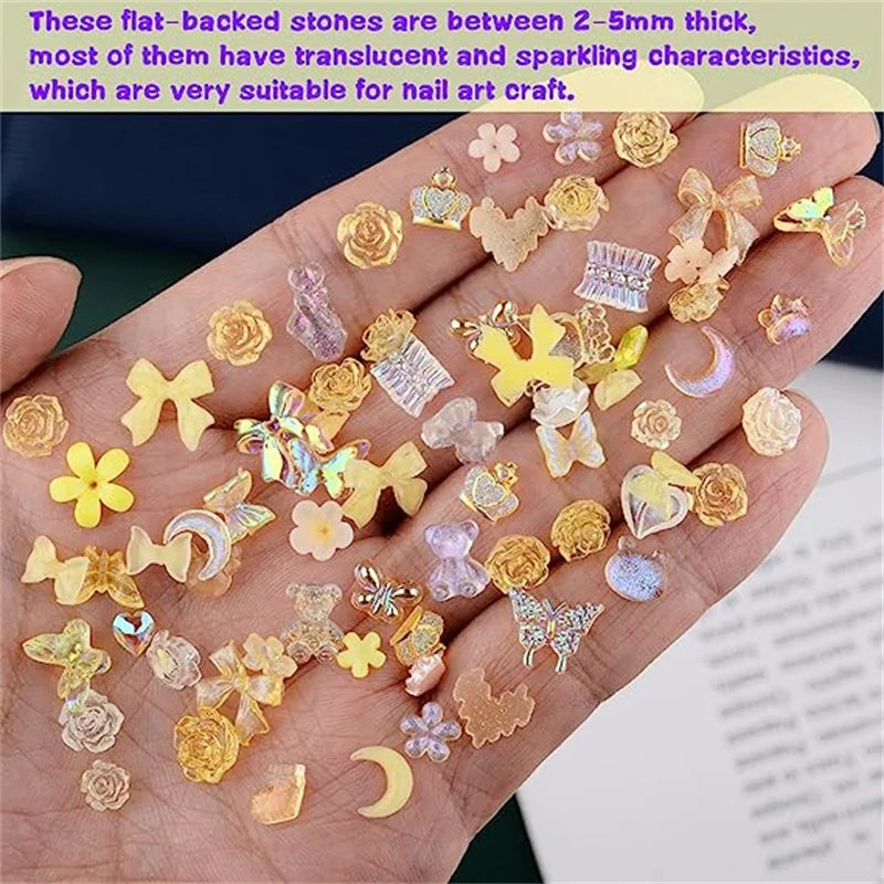 50PCS Mixed Kawaii Resin Nail Art Charms 3D Flower Bow Animals Rhinestones Nail Decorations DIY Manicure Professional Supplies