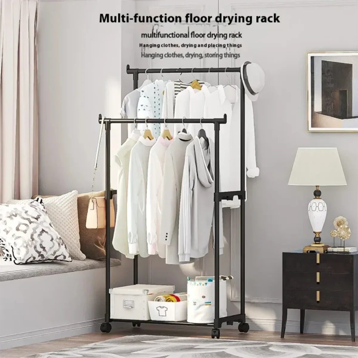 Coat Rack Movable Double Clothes Shelf Simple Rod Clothes  Floor-Standing Bedroom Telescopic Floor Hangers Storage Coat Rack