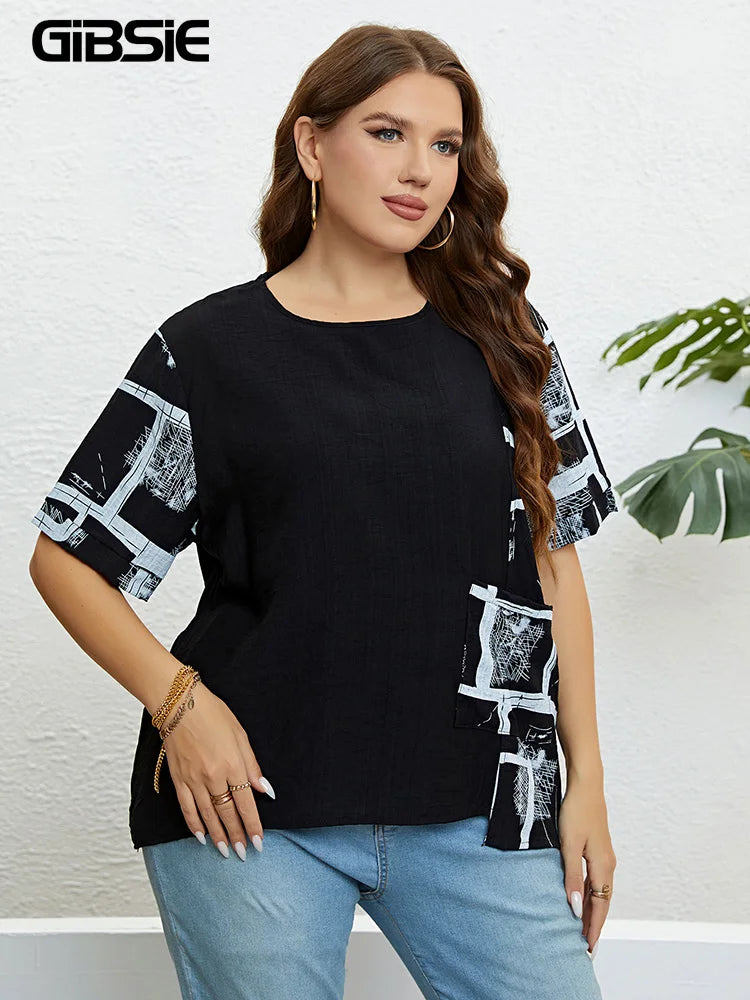 GIBSIE Plus Size Patch Pocket Loose Print T Shirt Women Summer New Fashion Korean O-Neck Short Sleeve Female Casual Tops 2023