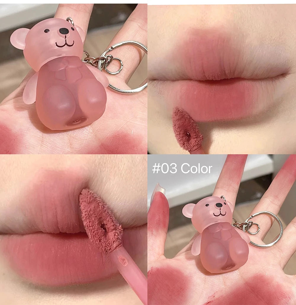 Cute Bear Keychain Lip Mud Matte Velvet Mousse Grey Pink Lipstick Waterproof Long Lasting Non-Stick Cup LipGloss Korean Cosmetic