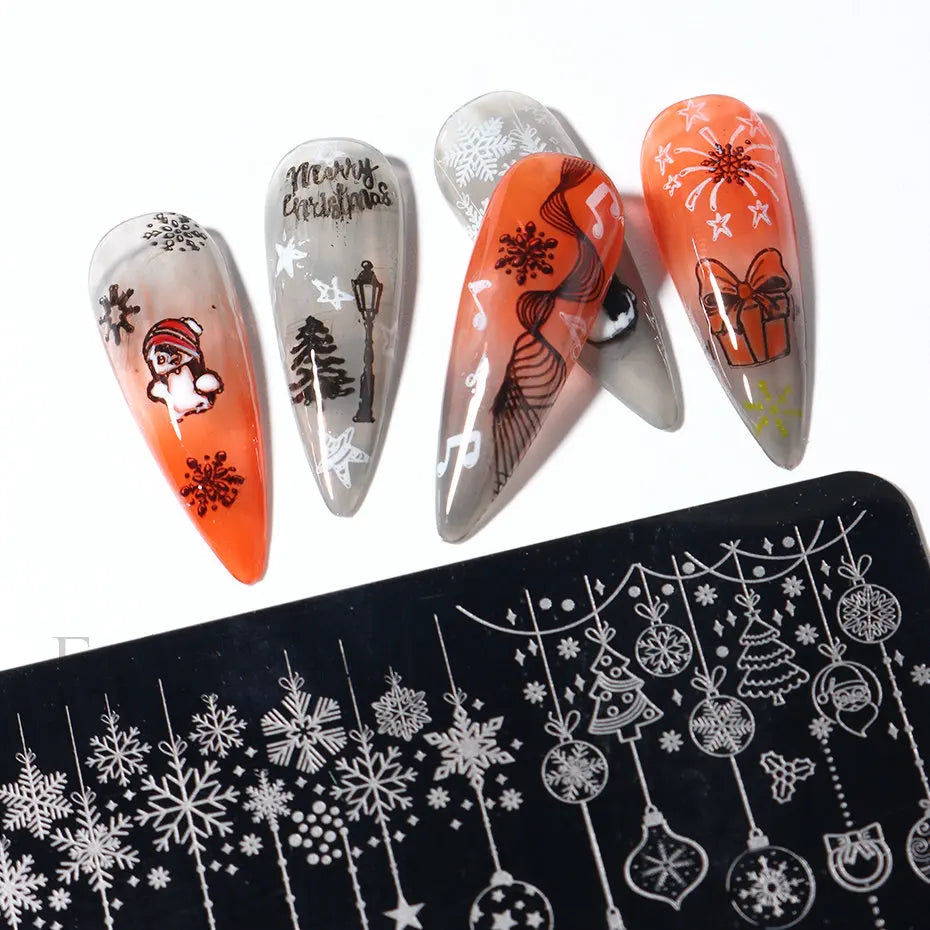 Christmas Nails Stamping Plates Snowflakes Elk New Year Letters Template Xmas Light Ball Gift Design Stamp Printing Stencil Tool