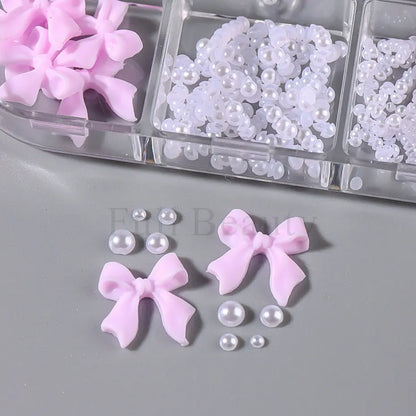 6 Grids Pink Ribbon Bow Mixed Flat Bottom Pearl Nail Charms Decorations 3D Resin Flower Design DIY Korean Manicure Nails Parts