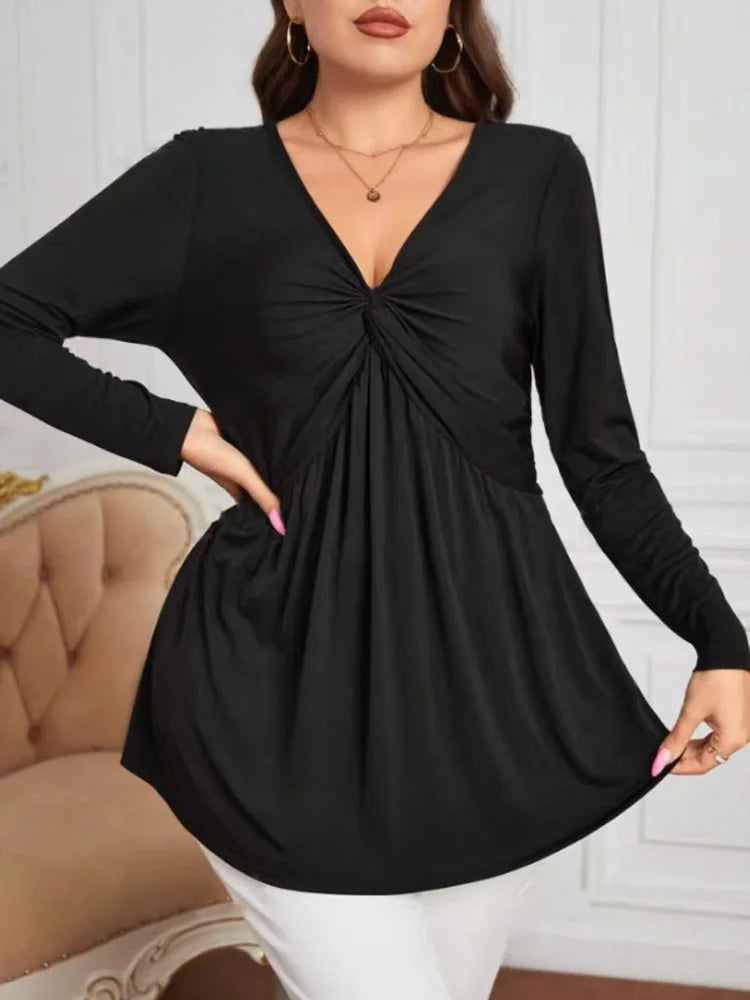 GIBSIE Plus Size Black Twist Front V-neck Blouse Women Spring Fall Casual Long Sleeve Slim-fit Elegant Blouses Tops 2024 New