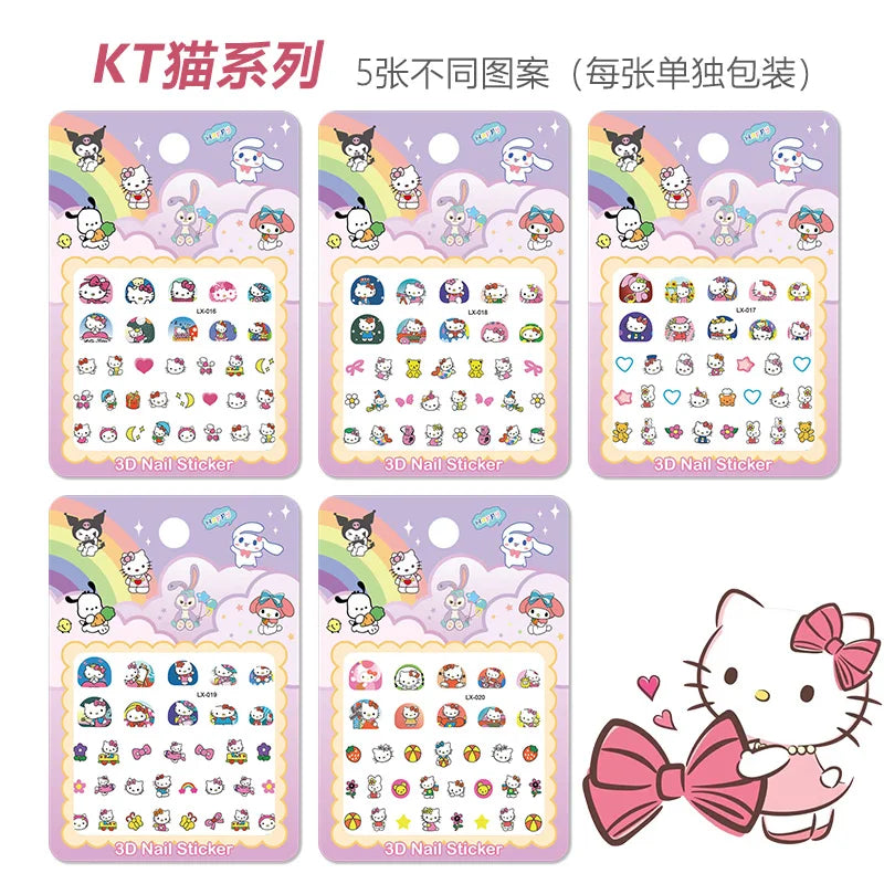 5pcs/set Luminous Kuromi 3D Nail Stickers Sanrio Melody Hello Kitty Nail Art Decoration Stickers Kids Fun Anime Manicure Decals