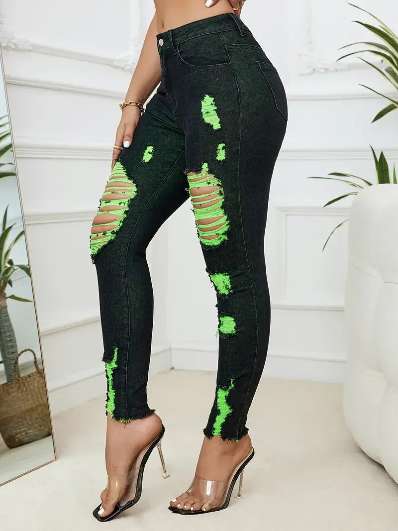 2024 Summer New Women's Ripped Jeans Fashionable High Stretch Skinny Denim Pencil Pants Slim Comfortable Knit Jeans S-2XL